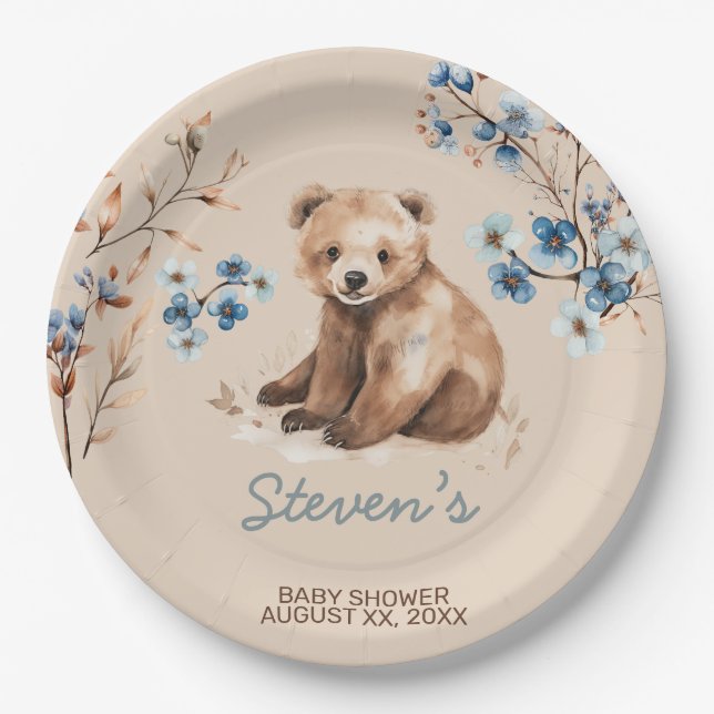Prato De Papel Chá de fraldas de aquarela de urso bonito (Frente)