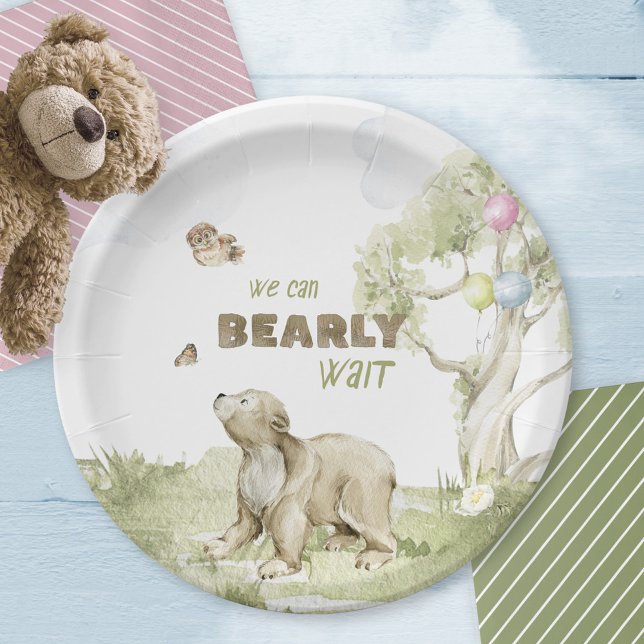 Prato De Papel Chá de fraldas de Aquarela do Urso Curto de Espera (Bearly Wait Cute Bear Watercolor Baby Shower Paper Plates ©Susanne Sachers - Sunny Mind Design 🌞)