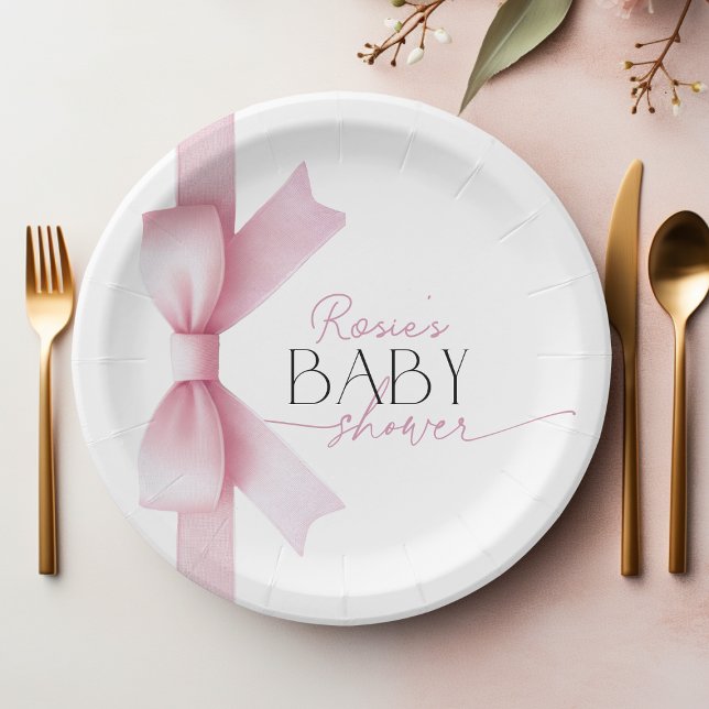 Prato De Papel Chá de fraldas de Arco rosa elegante (Elegant Pink Bow Coquette Girl Baby Shower Paper Plates)