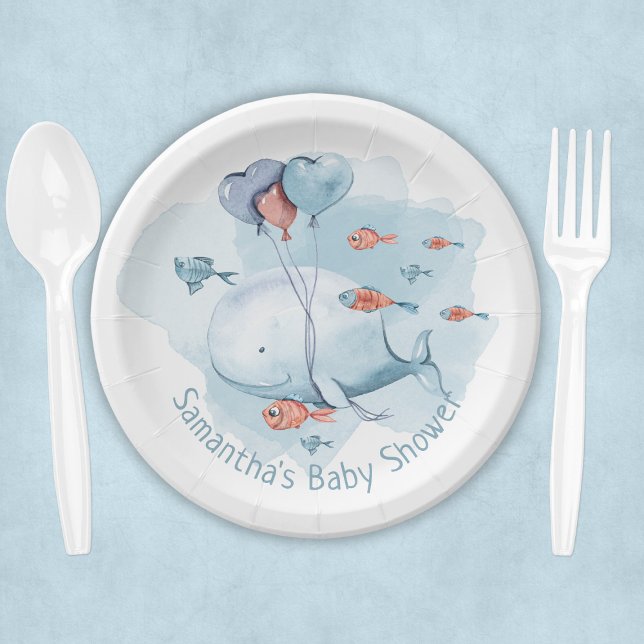 Prato De Papel Chá de fraldas de Baleia Personalizado Bonito (Cute Personalized Whale Baby Shower Paper Plates
)