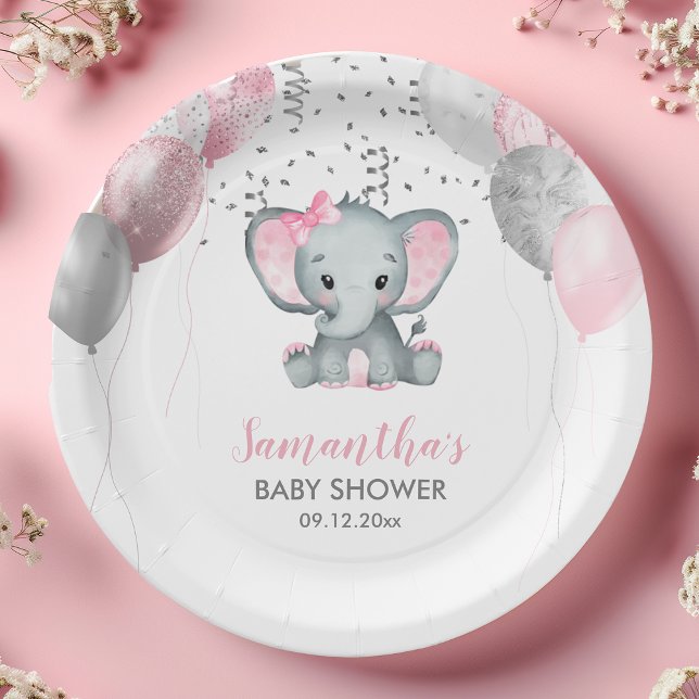 Prato De Papel Chá de fraldas de Balões Rosa-de-Elefante-Garota-C (Cute Girl Elephant Pink Balloons Baby Shower Paper Plates)