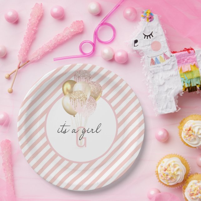 Prato De Papel Chá de fraldas de Balões Rosa e Dourado (Festa)