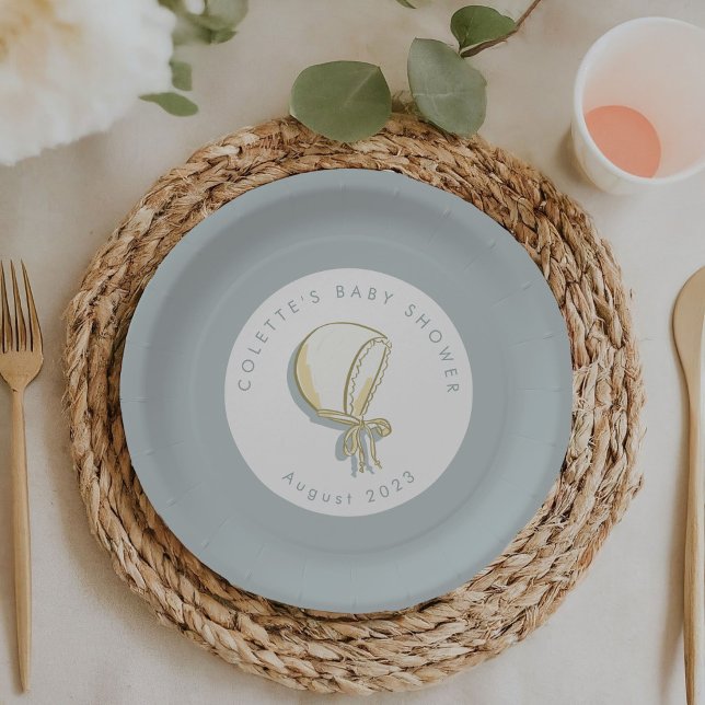 Prato De Papel Chá de fraldas de Bonnet de Bebê Azul (Mint blue baby bonnet baby shower personalized party paper plates.)