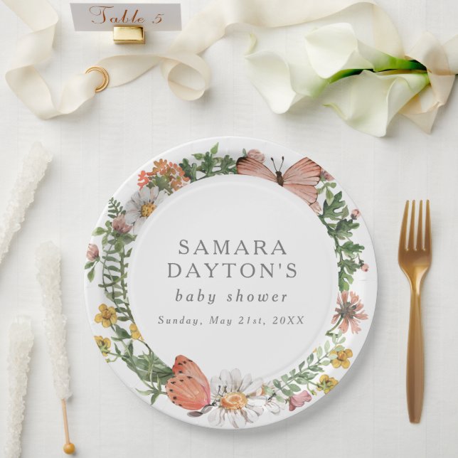 Prato De Papel Chá de fraldas de borboleta de flor selvagem boêmi (Casamento)