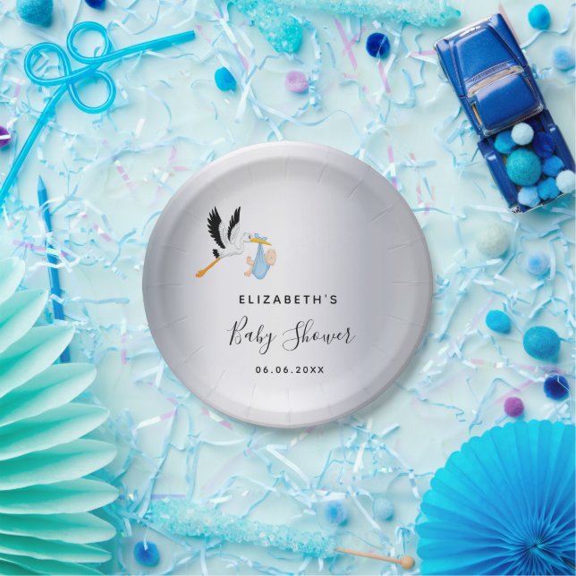 Prato De Papel Chá de fraldas de cegonha azul (Festa)