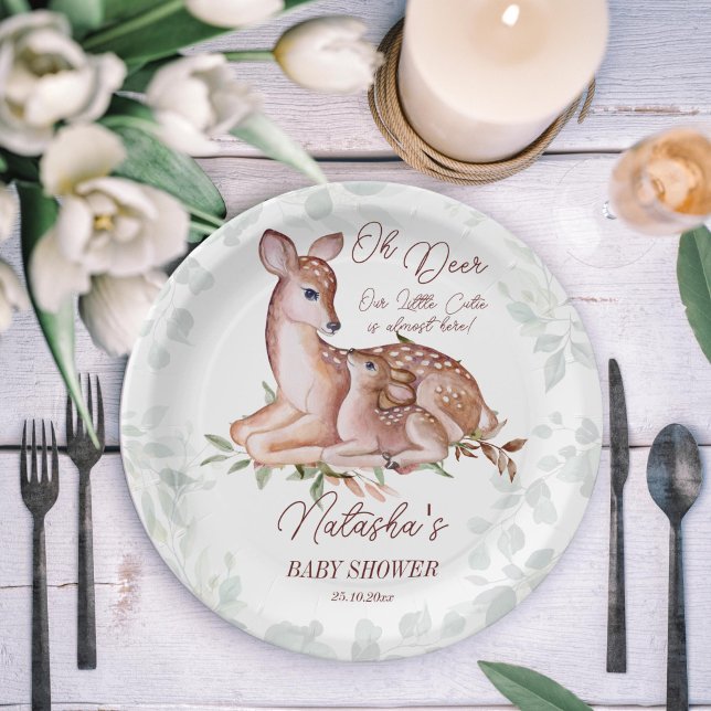 Prato De Papel Chá de fraldas de cervejas (Oh deer she's almost here woodlands baby shower tableware personalized plates doe and foal greenery)