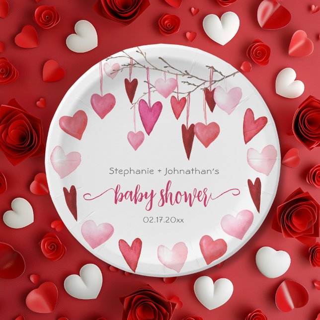 Prato De Papel Chá de fraldas de Corações Rosa namorados (Valentine Pink Hearts Baby Shower Paper Plates)