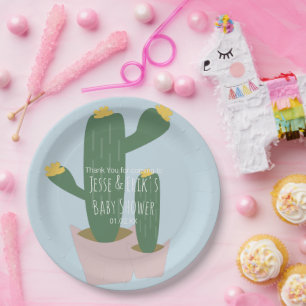 Prato De Papel Chá de fraldas de Cupcakes Cactus - Obrigado Azul