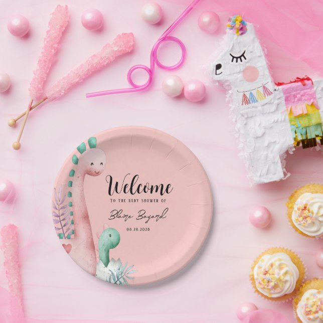 Prato De Papel Chá de fraldas de Dinossauros Rosa e Teal (Festa)