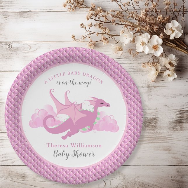 Prato De Papel Chá de fraldas de Dragão para Menina Branca Rosa (Pink Whimsical Girl Dragon Baby Shower Paper Plates)