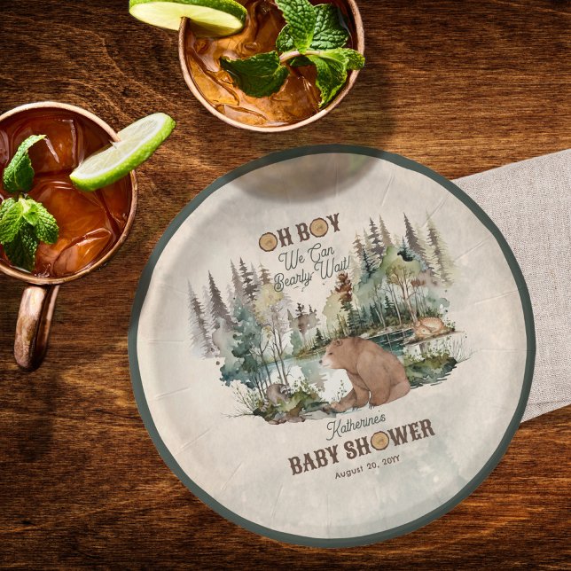 Prato De Papel Chá de fraldas de Espera Russo do Garoto Bearle ("Oh Boy We Can Bearly Wait!" Rustic Woodland Bear and Forest Animals Baby Shower Paper Plates)