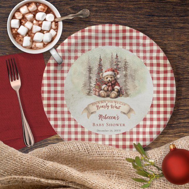 Prato De Papel Chá de fraldas de Feriado de Espera do Urso de Woo ("It's A Boy and We Can Bearly Wait" Baby Shower rustic woodland Christmas Holiday design)