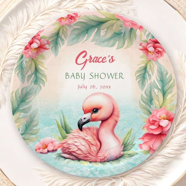 Prato De Papel Chá de fraldas de Flamingo, Rosa Tropical de Verão (Tropical Summer Pink Flamingo Girl Baby Shower Paper Plates)