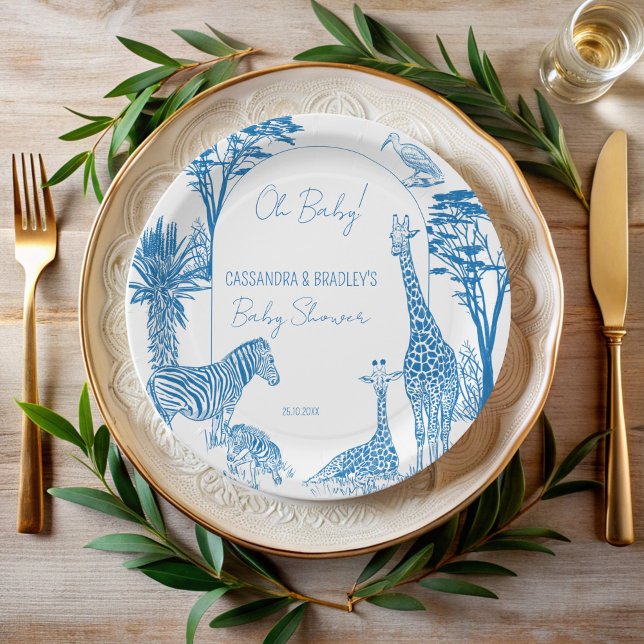Prato De Papel Chá de fraldas de girafa azul Safari (Safari blue toile de jouy giraffe African animals baby shower monogrammed personalized paper plates )