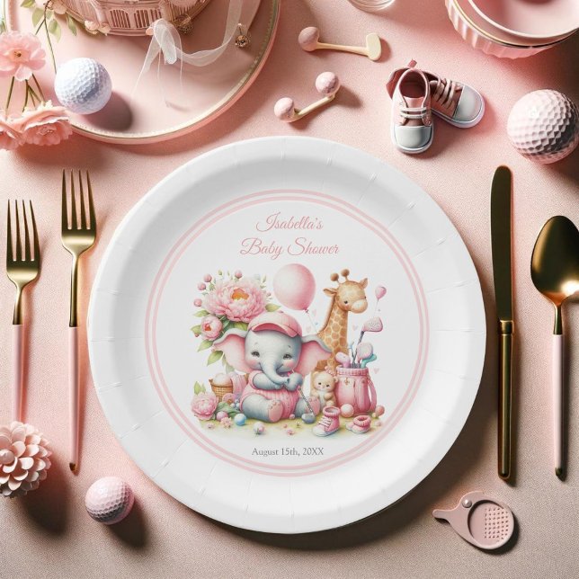 Prato De Papel Chá de fraldas de Golfe de Elefante e Girafa Menin (Have your guest eat off this sweet coordinating baby shower paper plate. )