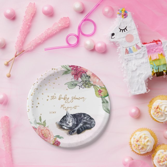 Prato De Papel Chá de fraldas de Ilustração de Gatinha Sonolenta (Festa)