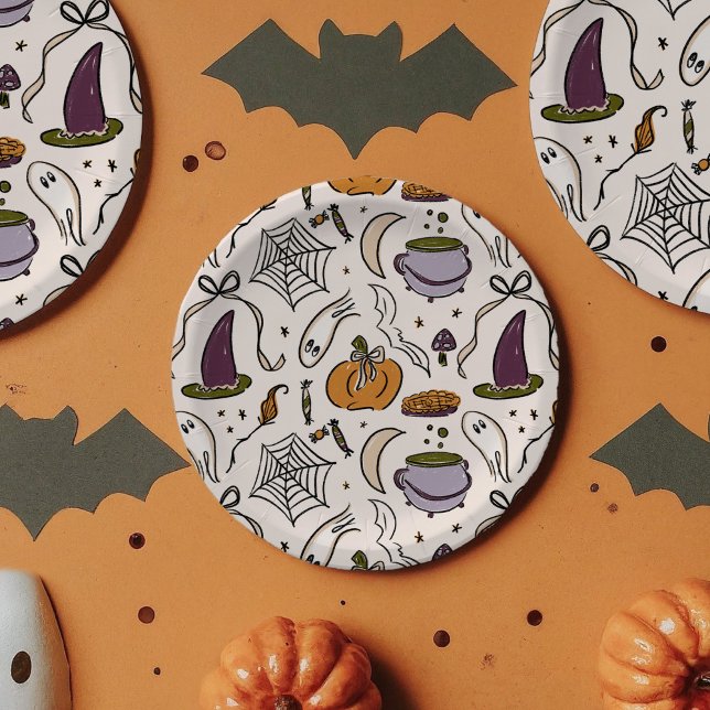 Prato De Papel Chá de fraldas de Ilustrações de Halloween de Núcl (Cottage Core Halloween Illustrations Baby Shower Paper Plates)