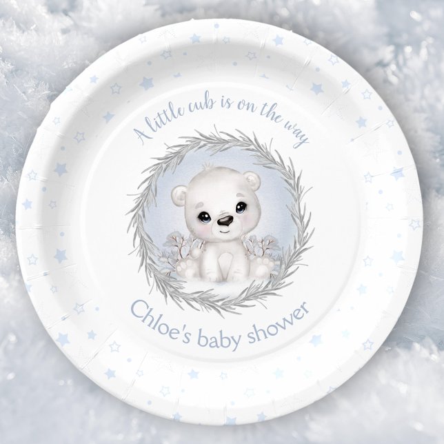 Prato De Papel Chá de fraldas de inverno do Urso Polar Bonito Bra (Cute Polar Bear Winter Boy Baby Shower White Paper Plates)