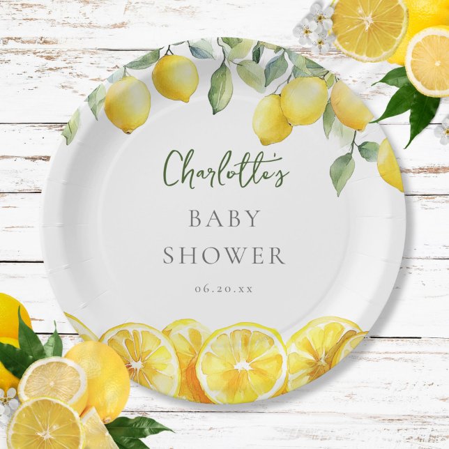 Prato De Papel Chá de fraldas de Limão de Aquarela (Watercolor Lemon Citrus Baby Shower Paper Plates)