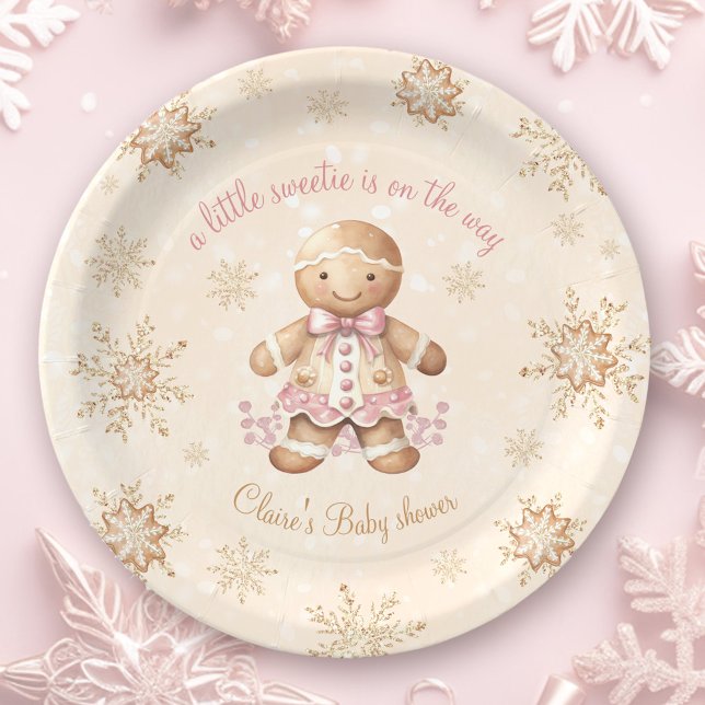 Prato De Papel Chá de fraldas de Natal do Gingerpão Pequeno Docin (Gingerbread Little Sweetie Christmas Baby Shower Paper Plates)