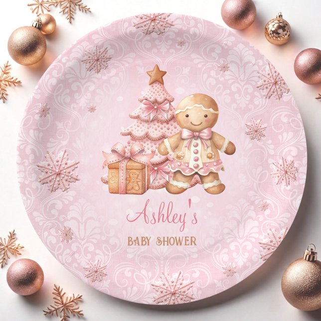 Prato De Papel Chá de fraldas de Natal Rosa (Gingerbread Man Girl Pink Christmas Baby Shower Paper Plates)