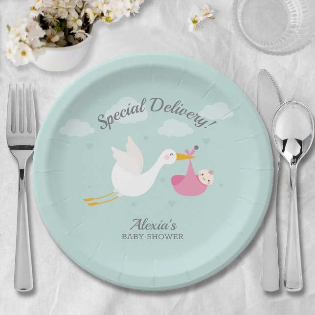 Prato De Papel Chá de fraldas de Pacote Bebê Rosa Stork (Cute stork pink baby bundle girl baby shower paper plates)