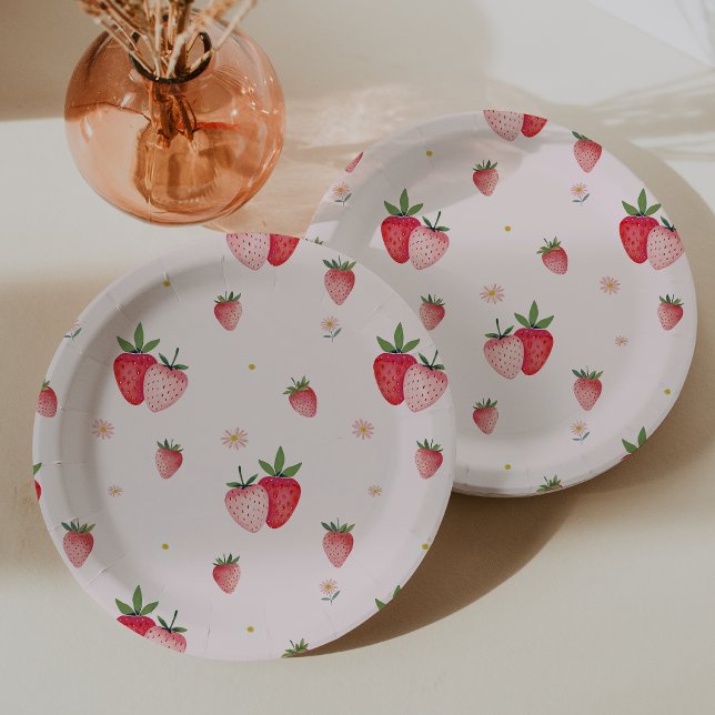 Prato De Papel CHÁ DE FRALDAS de Padrão de Morango Rosa HEIDI (HEIDI Pink Strawberry Pattern Girl Baby Shower Paper Plates)