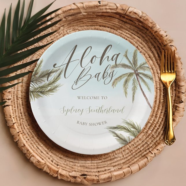 Prato De Papel Chá de fraldas de Palmeiras Tropicais de Aquarelas (Tropical Watercolor Palm Trees Baby Shower Welcome Paper Plates)