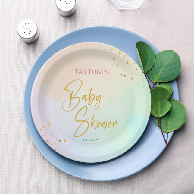 Prato De Papel Chá de fraldas de pasta arco-íris impresso (Pastel rainbow ombre baby shower monogram printed paper plates template personalized table decor)