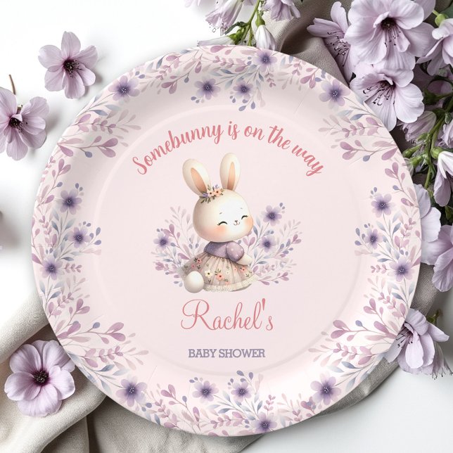 Prato De Papel Chá de fraldas de Primavera Floral Rosa Bunny (Bunny Pink Purple Spring Floral Girl Baby Shower Paper Plates)