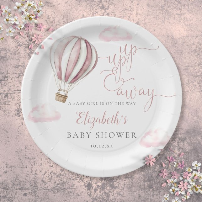 Prato De Papel Chá de fraldas De Rapariga De Ar Quente Rosa (Up And Away Pink Hot Air Balloon Girl Baby Shower Paper Plates)