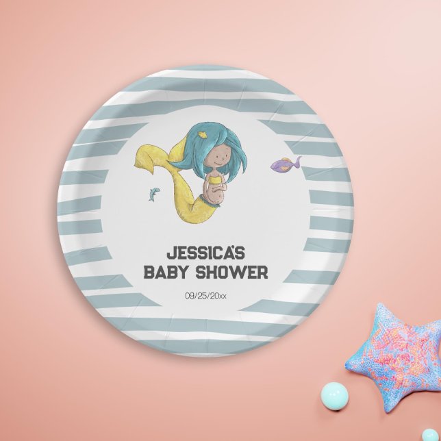Prato De Papel Chá de fraldas de Sereia Amarelo (Cute Pregnant Mermaid Baby Shower Party Paper Plates by Kinda Cute by Patricia Alvarez)