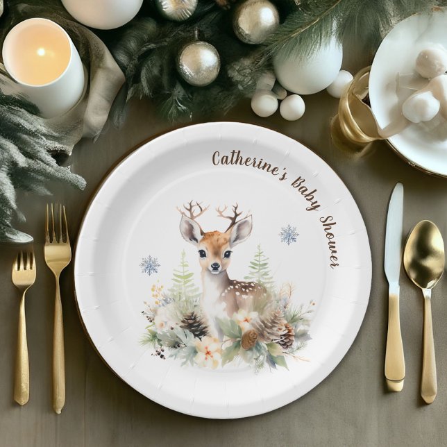 Prato De Papel Chá de fraldas de Veado da Madeira (Woodland Deer Animal Baby Shower Paper Plates)
