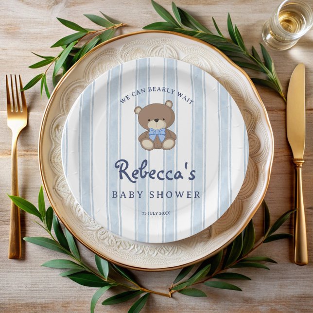 Prato De Papel Chá de fraldas de vintage com faixas de retrorrefl (Bearly wait cute teddy bear blue retro stripes vintage baby shower personalized paper plates)
