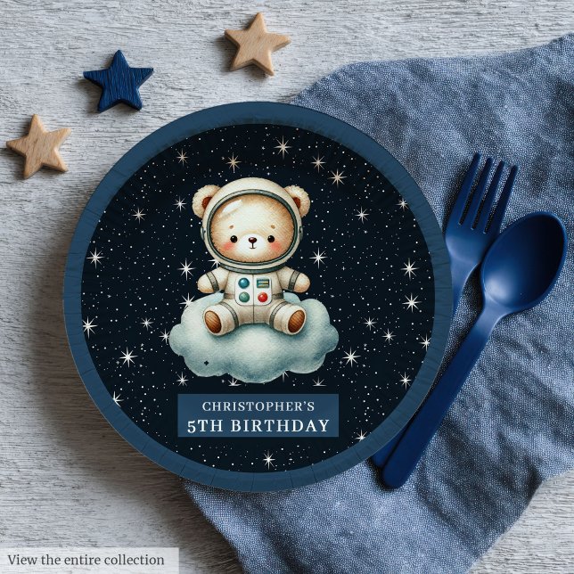 Prato De Papel Chá de fraldas do Astronauta do Urso de Teddy Pers (Teddy Bear Astronaut Baby Shower Personalized Paper Plates)