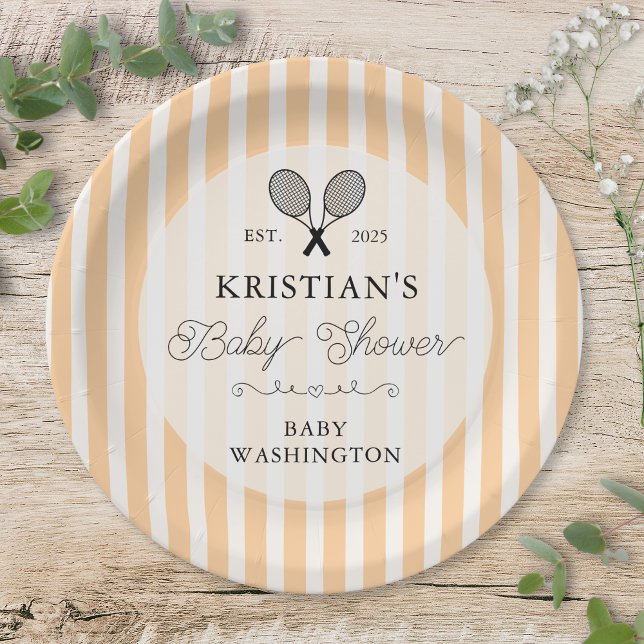 Prato De Papel Chá de fraldas do Clube de Tênis Laranja de Pré-pp (elegant orange tennis theme stripes baby shower paper plate with preppy chic personalization names)