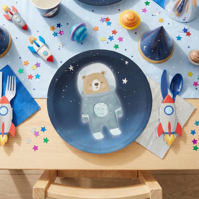 Prato De Papel Chá de fraldas do Espaço do Urso do Astronauta Azu (Blue Astronaut Bear Space Baby Shower Paper Plates.)