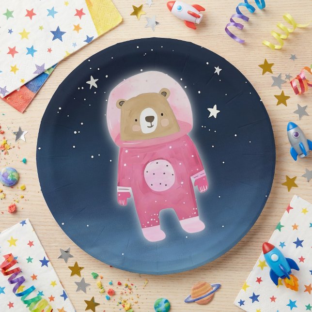 Prato De Papel Chá de fraldas do Espaço do Urso do Astronauta Ros (Pink Astronaut Bear Space Baby Shower Paper Plates.)