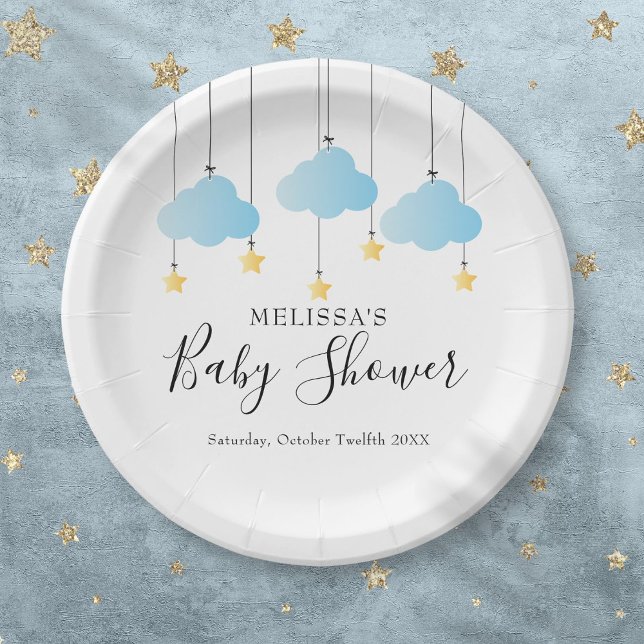 Prato De Papel Chá de fraldas do Pequeno Estrelo Azul (Twinkle Twinkle Little Star Blue Boy Baby Shower Paper Plates)