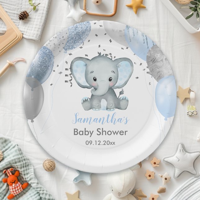 Prato De Papel Chá de fraldas dos Balões de Elefante Bonito (Cute Elephant Boy Balloons Baby Shower Paper Plates)