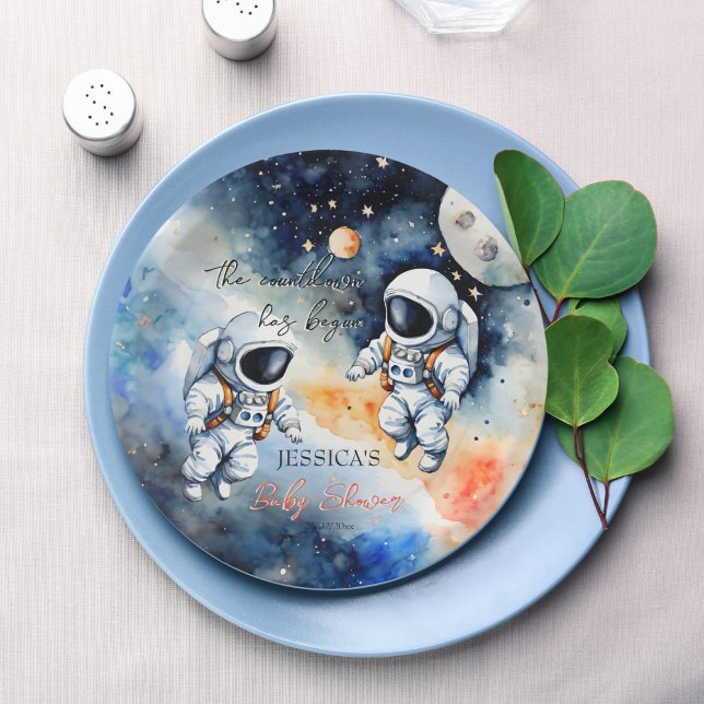 Prato De Papel Chá de fraldas dos gêmeos astronautas do espaço ex (Outer space astronaut twins baby shower monogrammed customized paper plates personalized table decor)