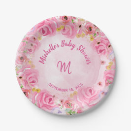 Prato De Papel Chá de fraldas Dourado Floral Monograma Rosa