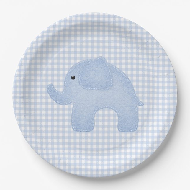 Prato De Papel Chá de fraldas Elefante Blue Gingham Baby Boy (Frente)