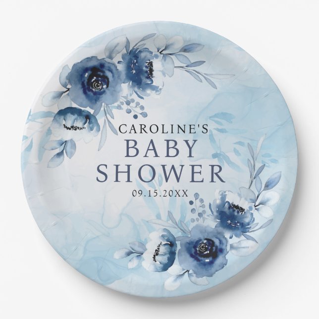 Prato De Papel Chá de fraldas Elegante Blue Flowers Boy (Frente)