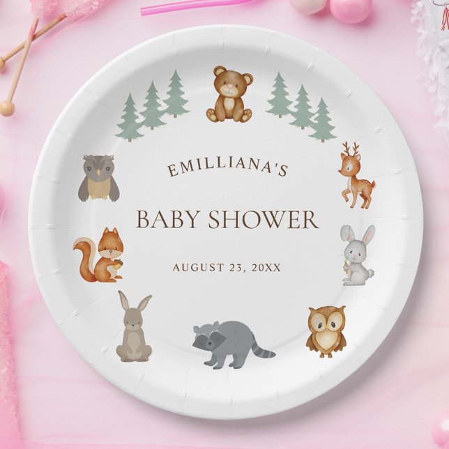 Prato De Papel Chá de fraldas Moderno de Woodland Woodland (Modern Watercolor Woodland Animals Baby Shower Paper Plates)