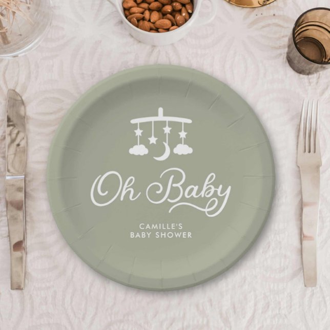 Prato De Papel Chá de fraldas moderno personalizado (Sage Green Oh baby shower paper plates)