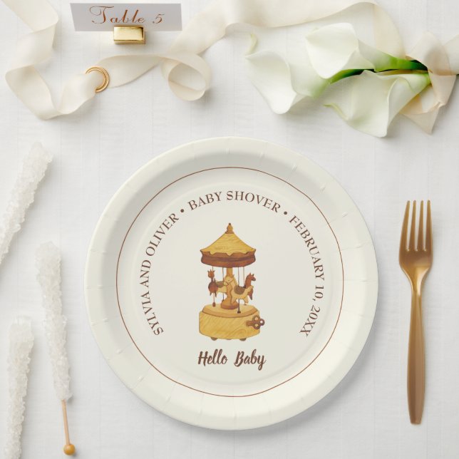 Prato De Papel Chá de fraldas neutro do carrossel (Casamento)