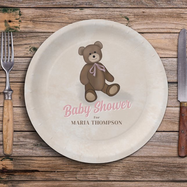 Prato De Papel Chá de fraldas Personalizado do Urso de Teddy Rosa (Baby Shower Custom Party Paper Plates)