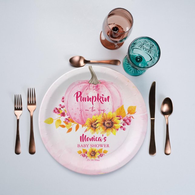 Prato De Papel Chá de fraldas rosa-abóbora (Little pumpkin baby shower personalized plates pink pumpkin sunflowers girls baby shower tableware)