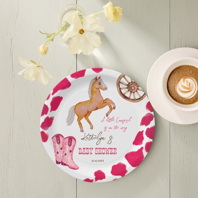 Prato De Papel Chá de fraldas rosa-rosa giro ocidental do rodeo (Cowgirl western rodeo baby shower pink customized paper plates cute baby horse personalized plates)